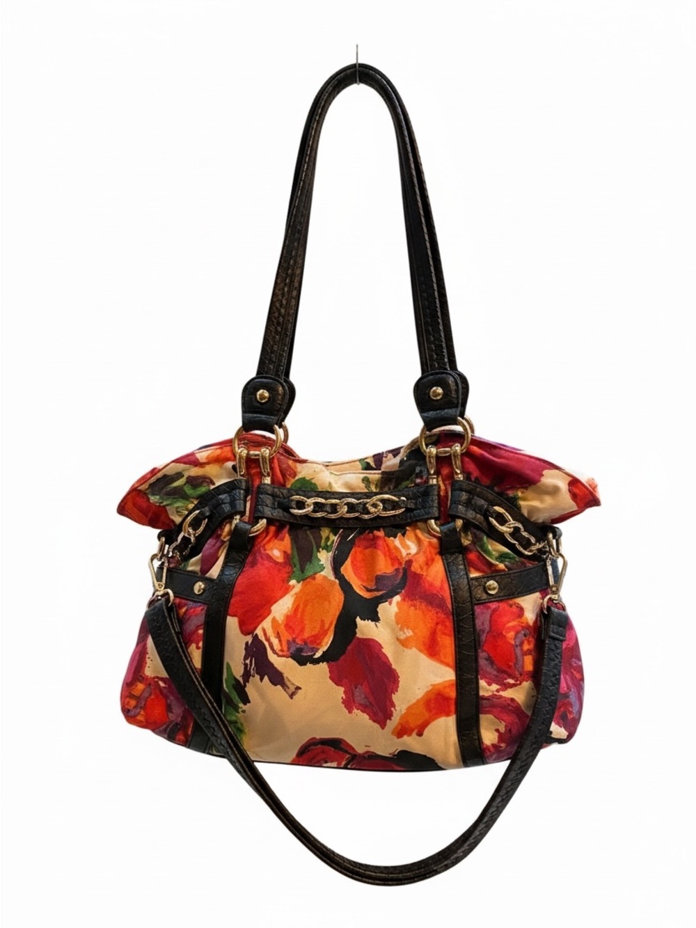 Floral Multicolor Shoulder Bag with Black Leather Trim and Gold Chain Accent